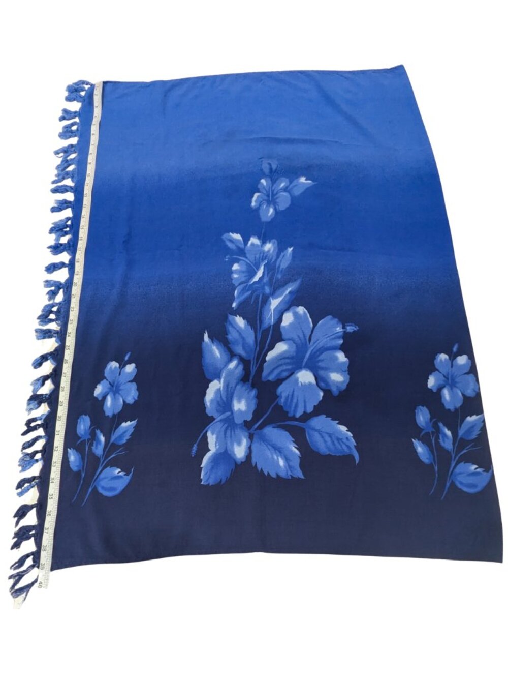 Hibiscus Collection Hawaii Blue Floral Rayon Sarong Pareo Wrap Cover-Up Fringe - Picture 5 of 6